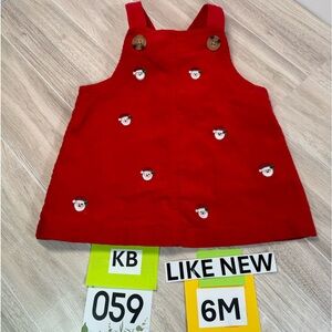 6M classic red corduroy dress jumper. Embroidered Santa Claus. Like new.kb59